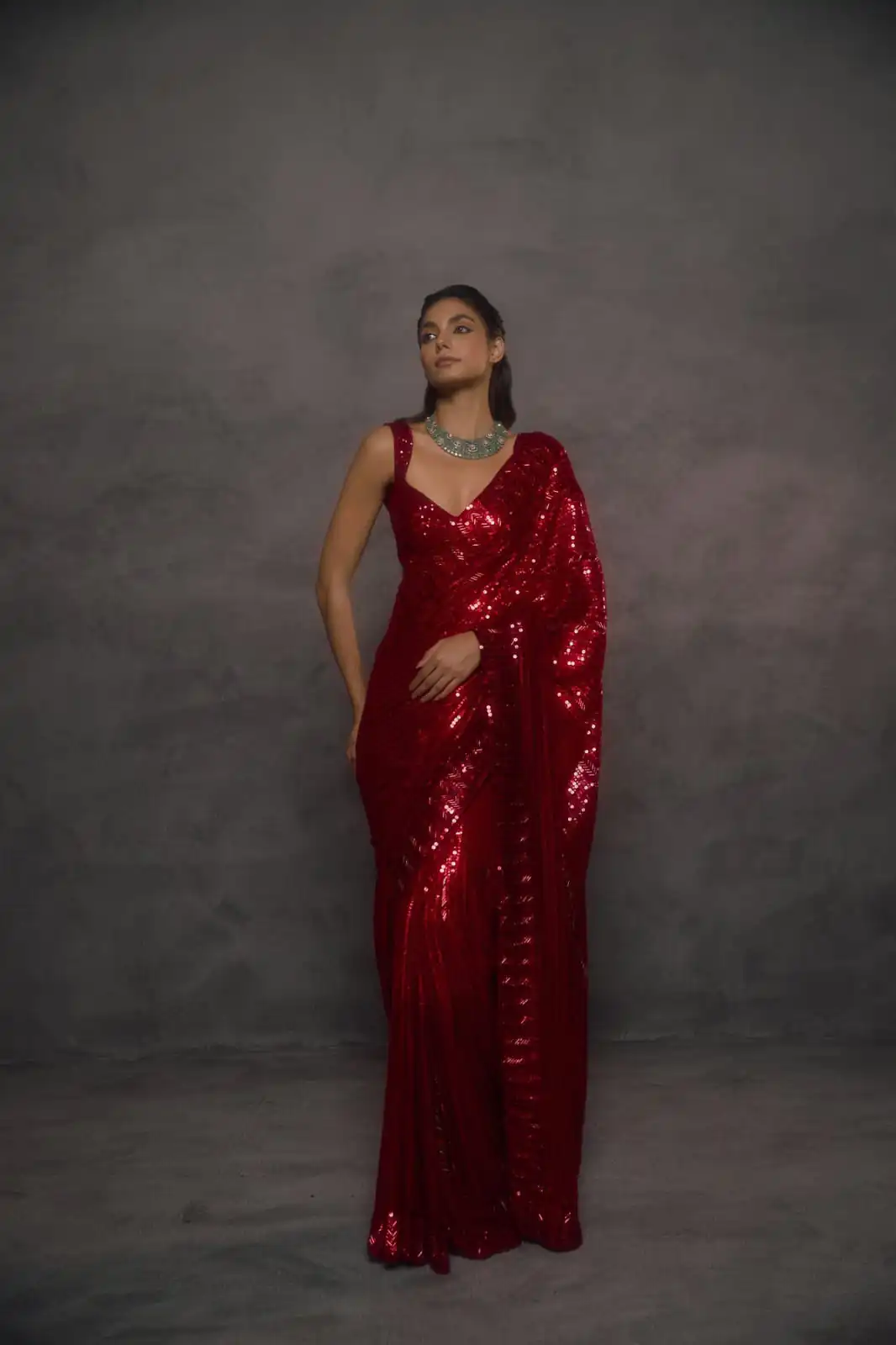 Magical Red Faux Georgette Embroidery Work Saree