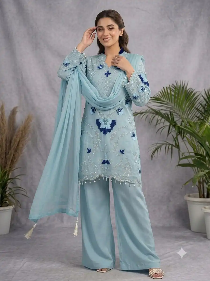 Nice Blue Soft Organza Embroidery Cut Work Gown