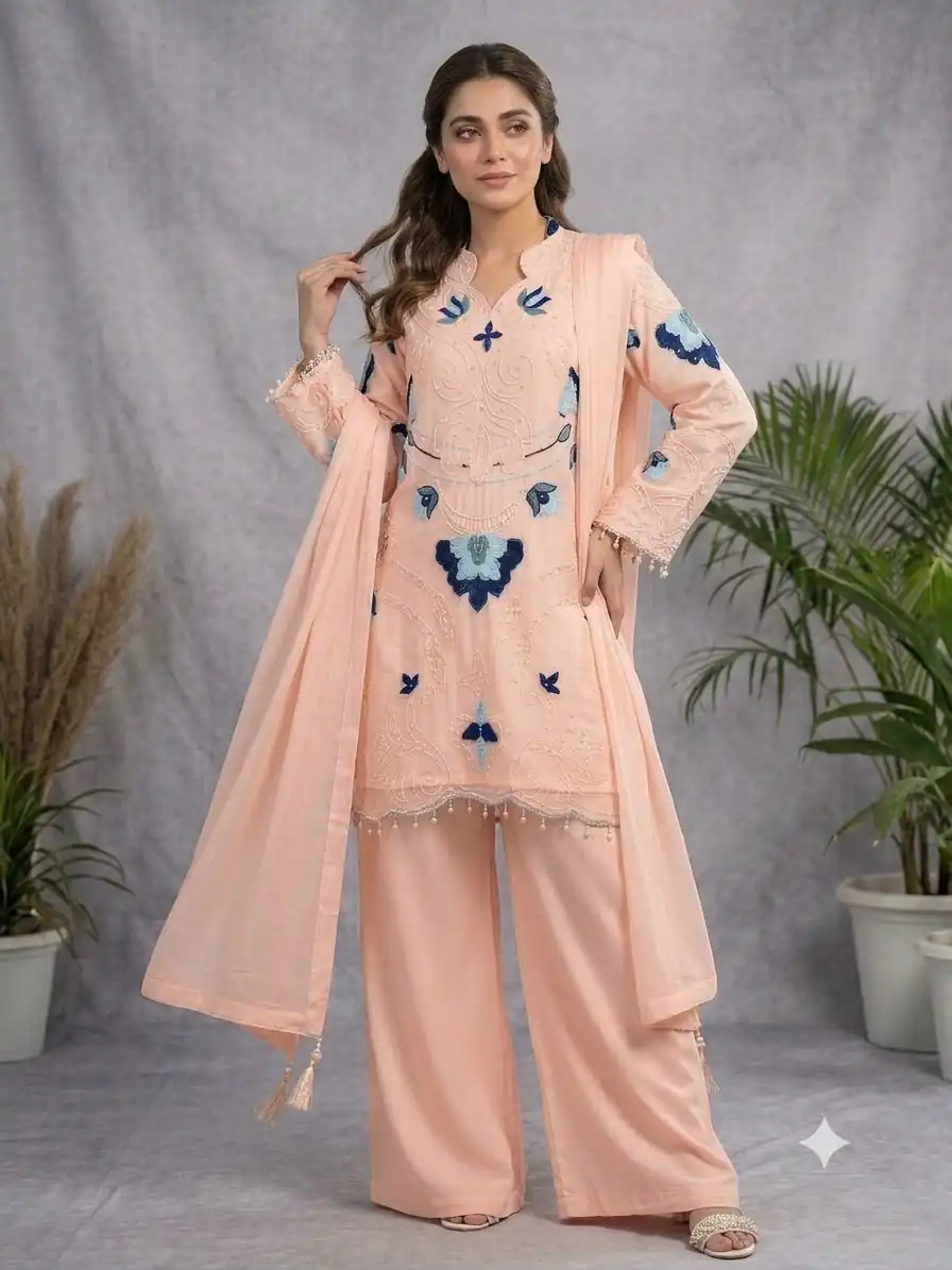 Nice Peach Soft Organza Embroidery Cut Work Gown
