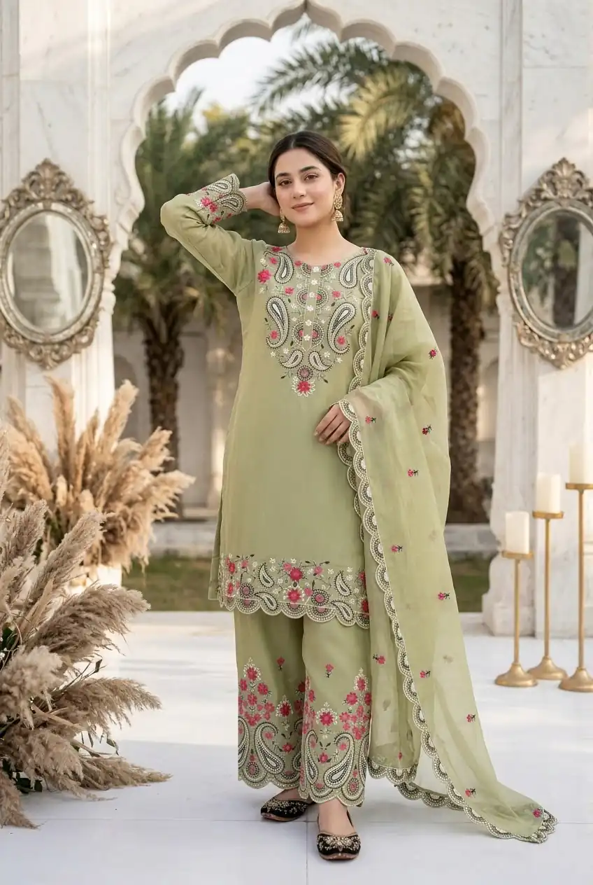 Nice Pista Roman Silk Sequins Work Sawar Suit - Image 2