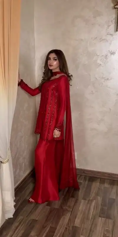 Alternative view of Nice Red Rangoli Silk Bead Embroidery Work Salwar Suit