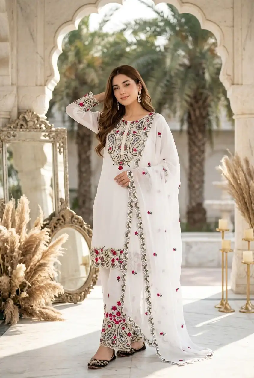 Nice White Roman Silk Sequins Work Sawar Suit