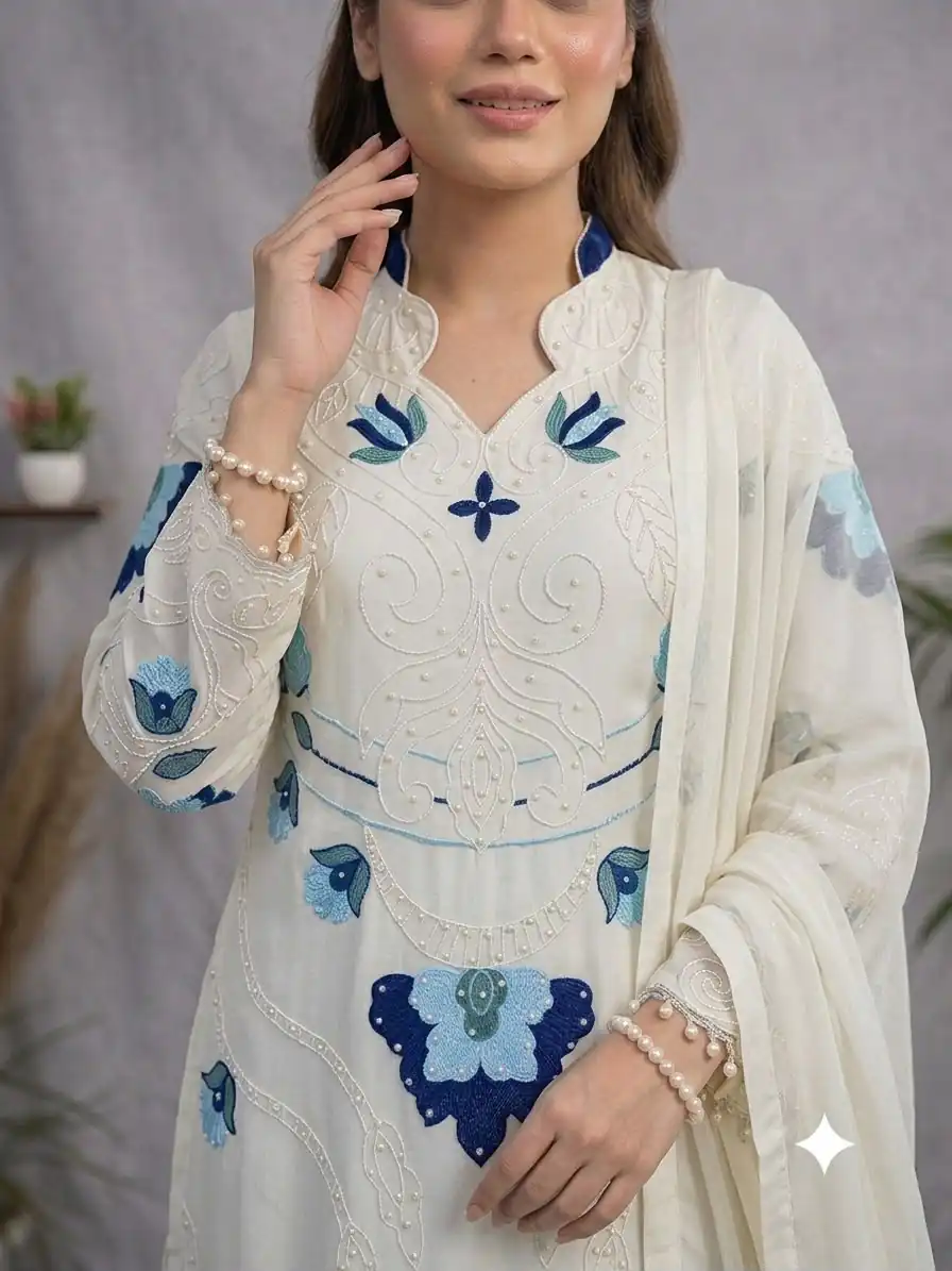 Nice White Soft Organza Embroidery Cut Work Gown - Image 4