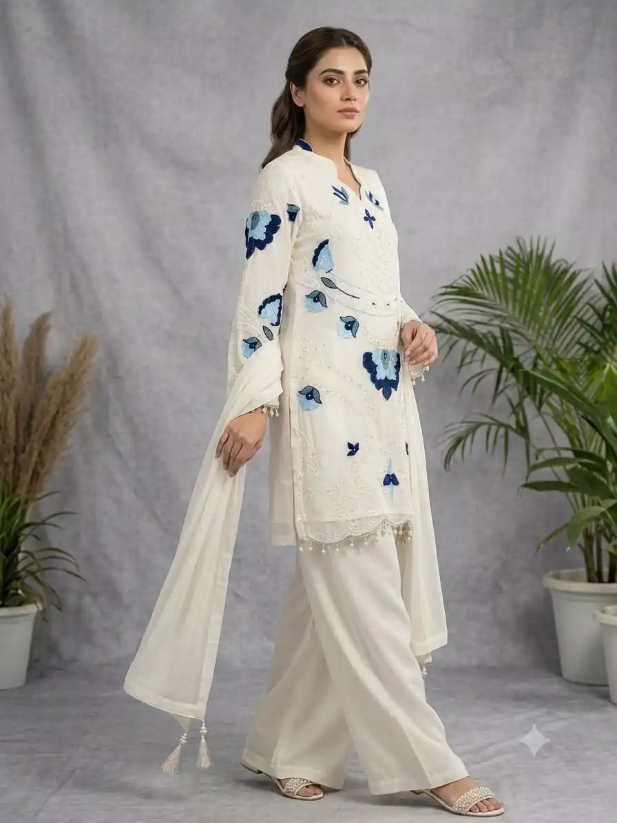 Nice White Soft Organza Embroidery Cut Work Gown - Image 3
