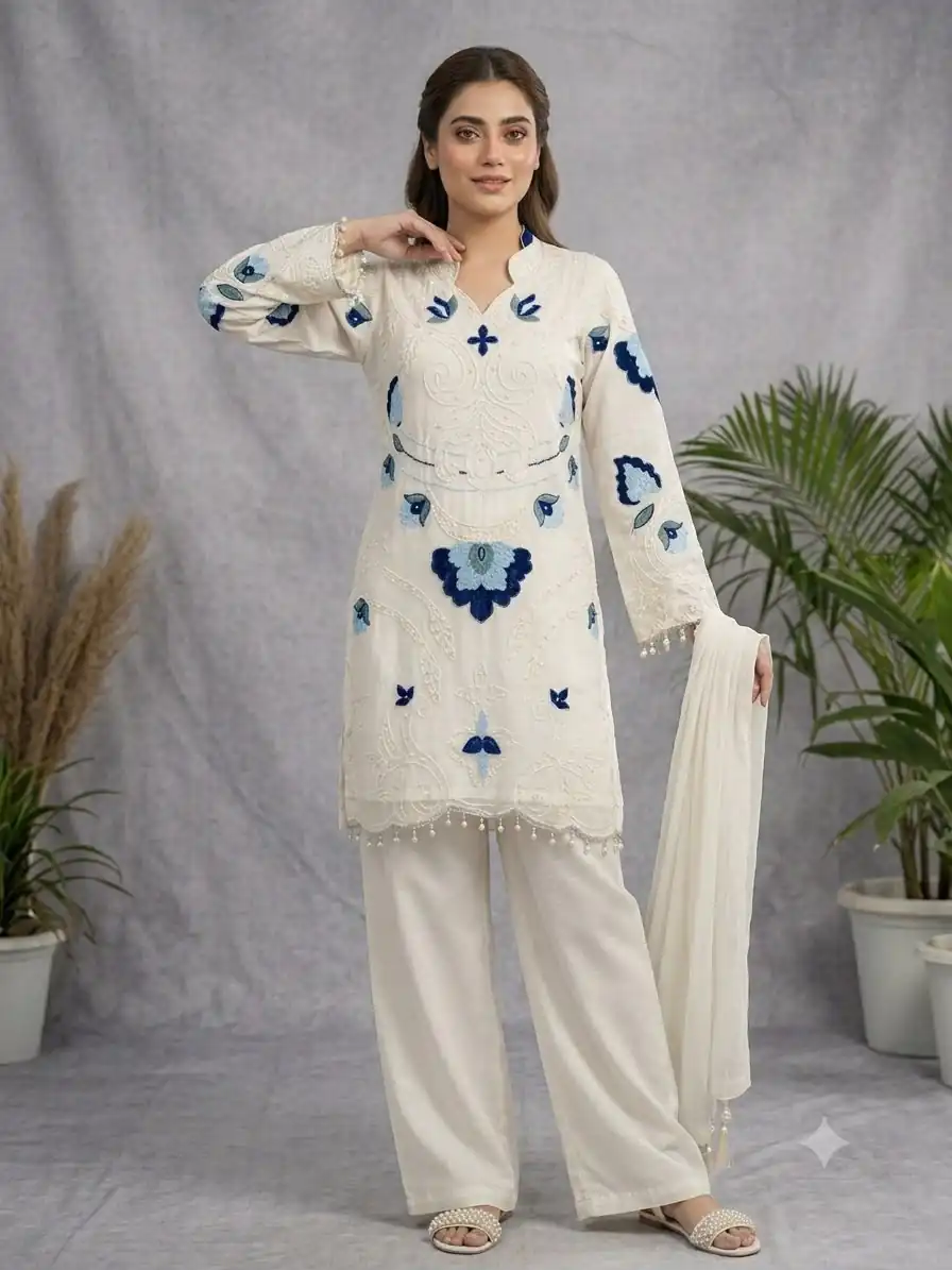 Nice White Soft Organza Embroidery Cut Work Gown