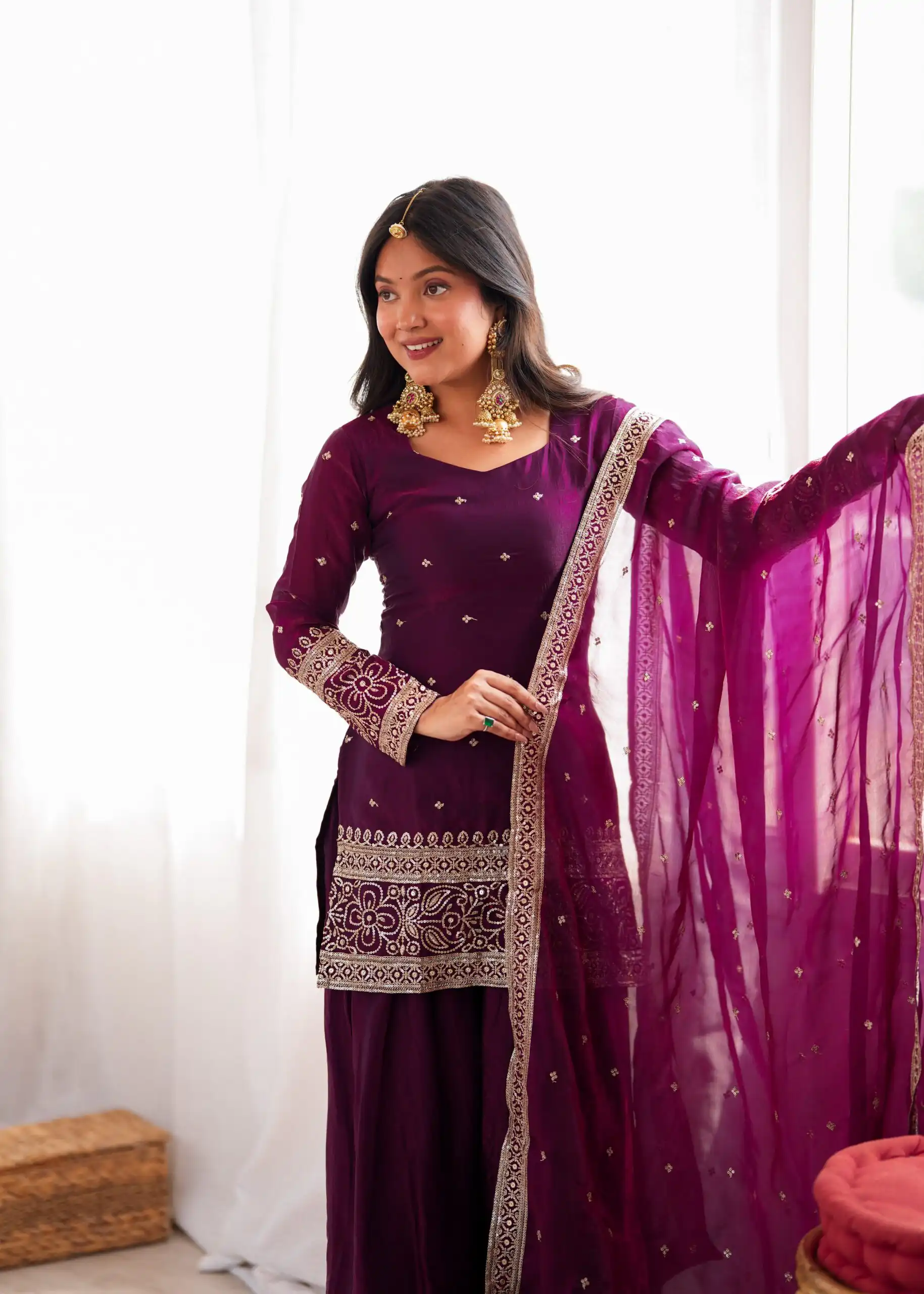 Nice Wine Fendy Silk Embroidery Sequins Work Salwar Suit - Image 6