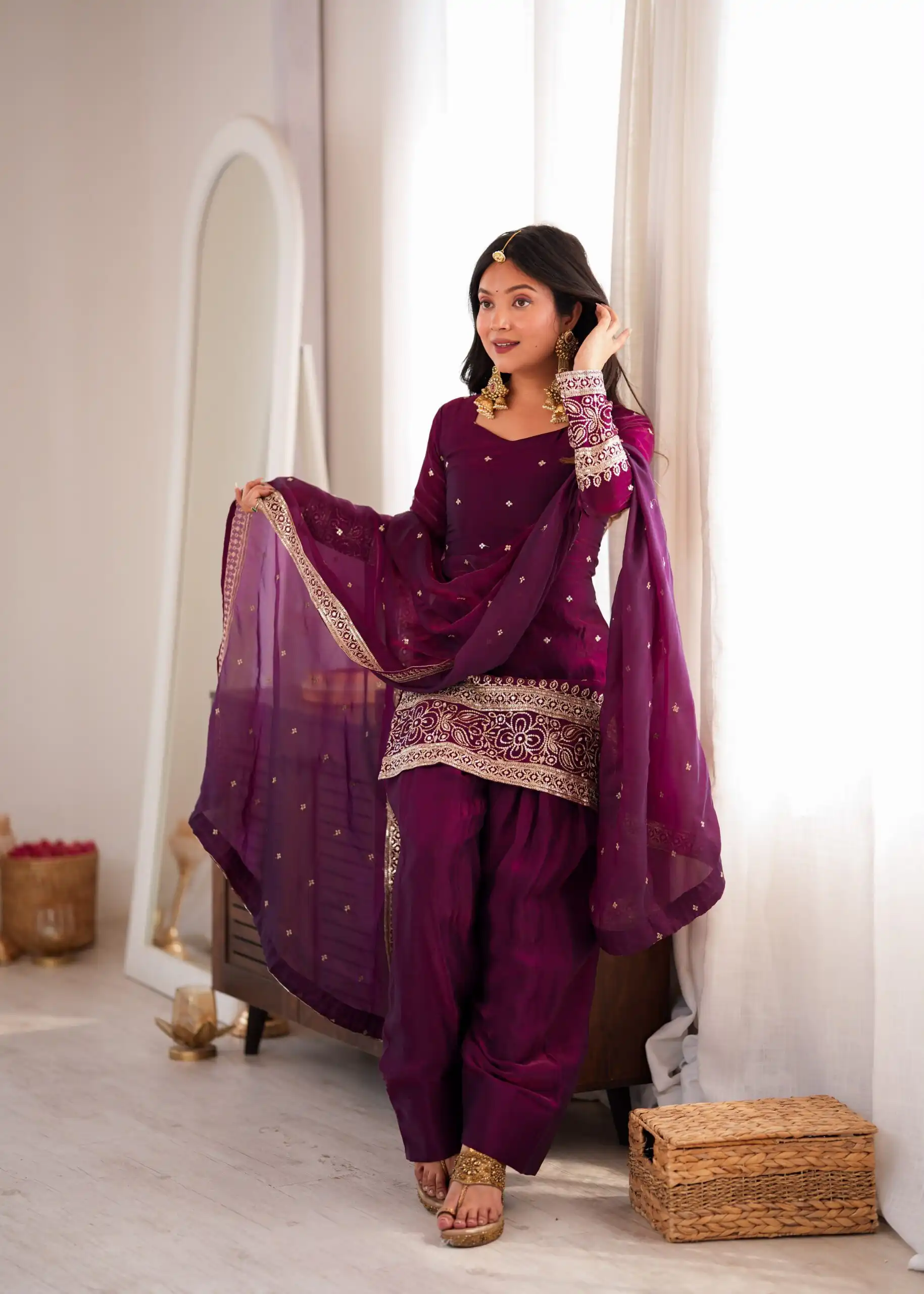 Nice Wine Fendy Silk Embroidery Sequins Work Salwar Suit - Image 5
