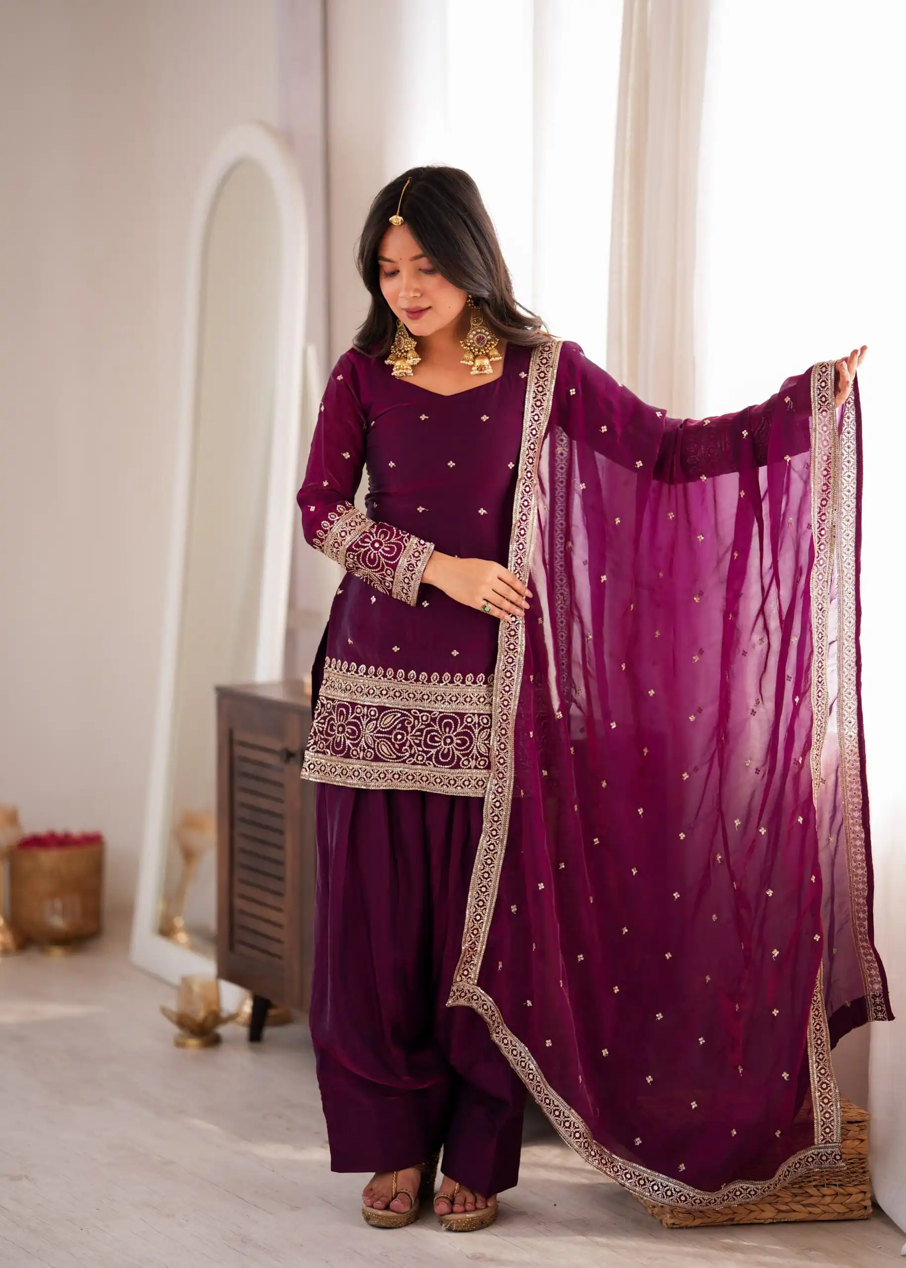 Nice Wine Fendy Silk Embroidery Sequins Work Salwar Suit - Image 2