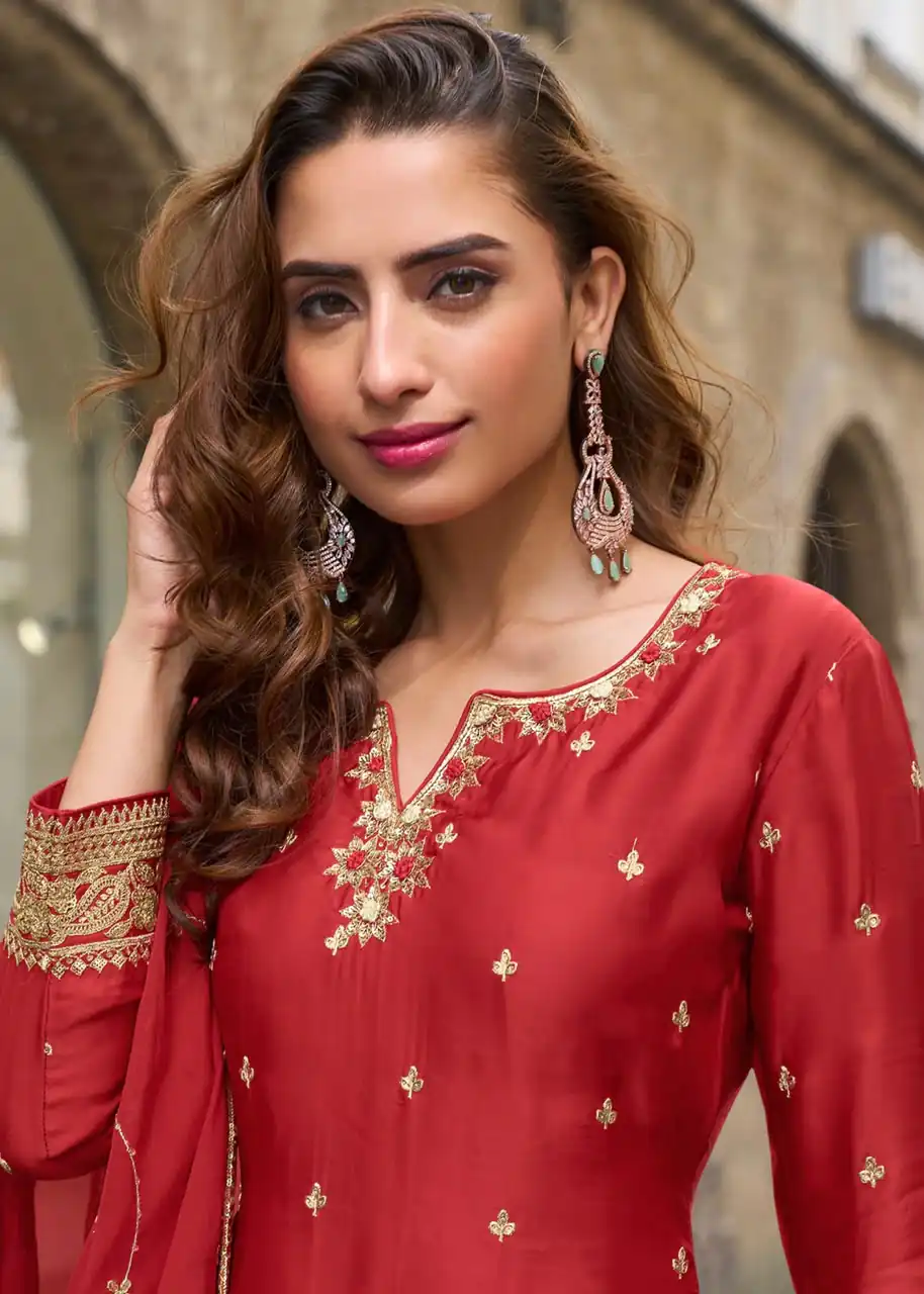 Perfect Red Chinon Silk Embroidery Salwar Suit - Image 4