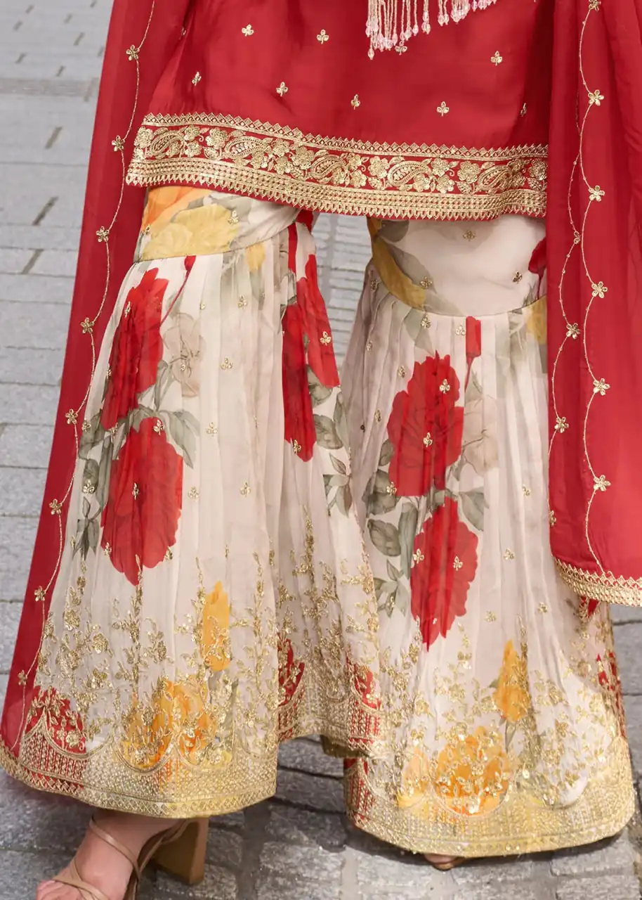 Perfect Red Chinon Silk Embroidery Salwar Suit - Image 3
