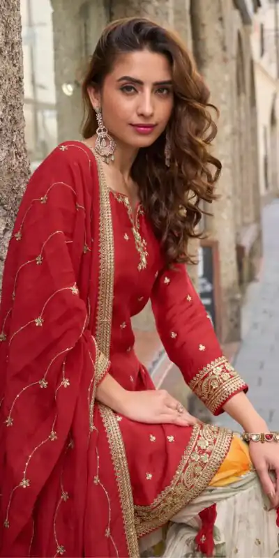 Alternative view of Perfect Red Chinon Silk Embroidery Salwar Suit