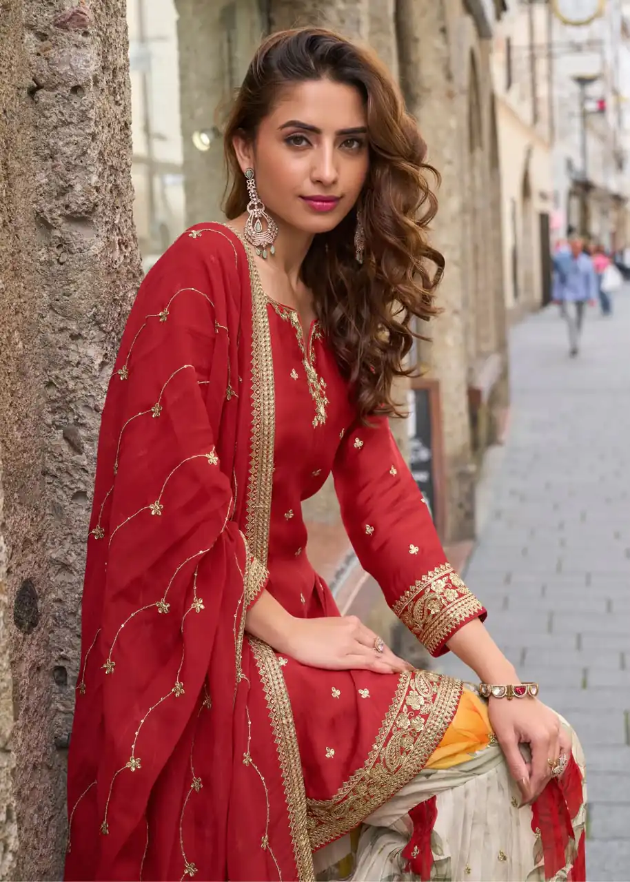 Perfect Red Chinon Silk Embroidery Salwar Suit - Image 2