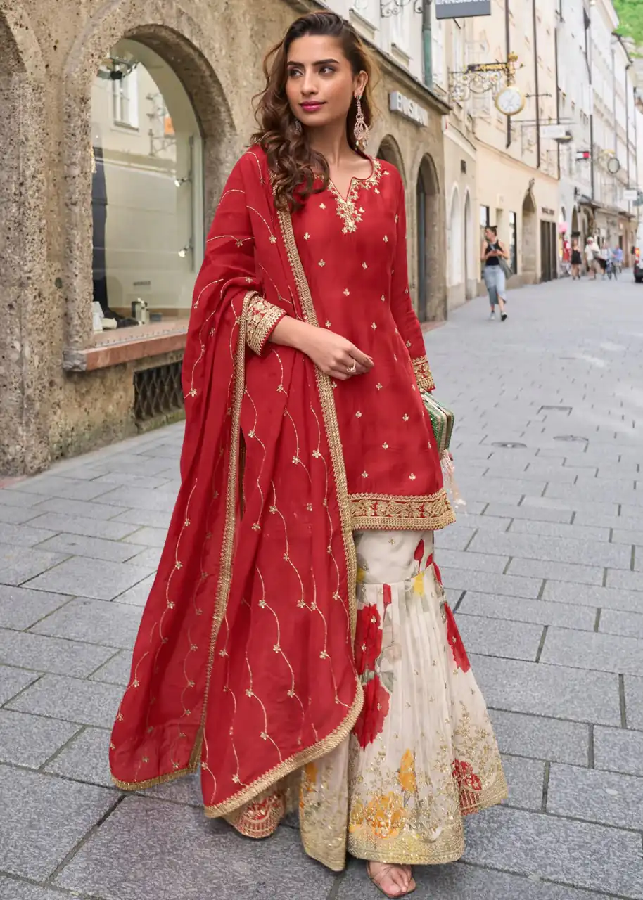 Perfect Red Chinon Silk Embroidery Salwar Suit