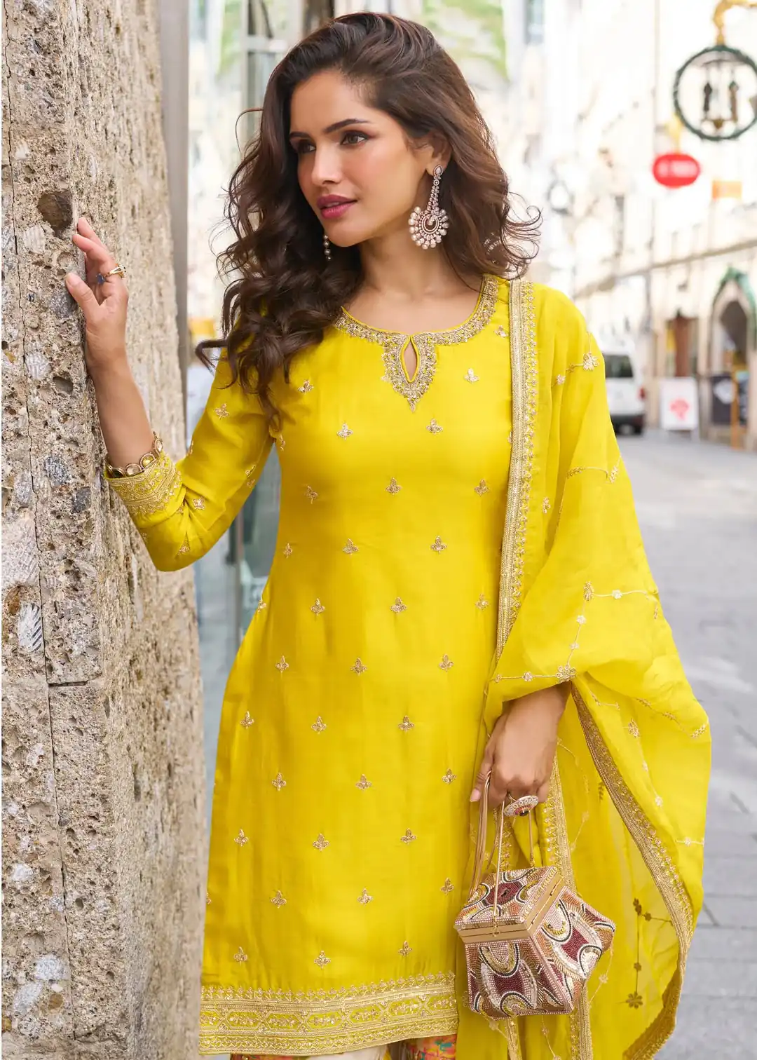 Perfect Yellow Chinon Silk Embroidery Salwar Suit - Image 2