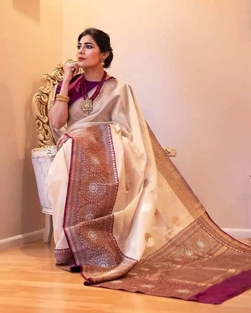 Pretty Off White Soft Lichi Silk Gold Zari Work Saree