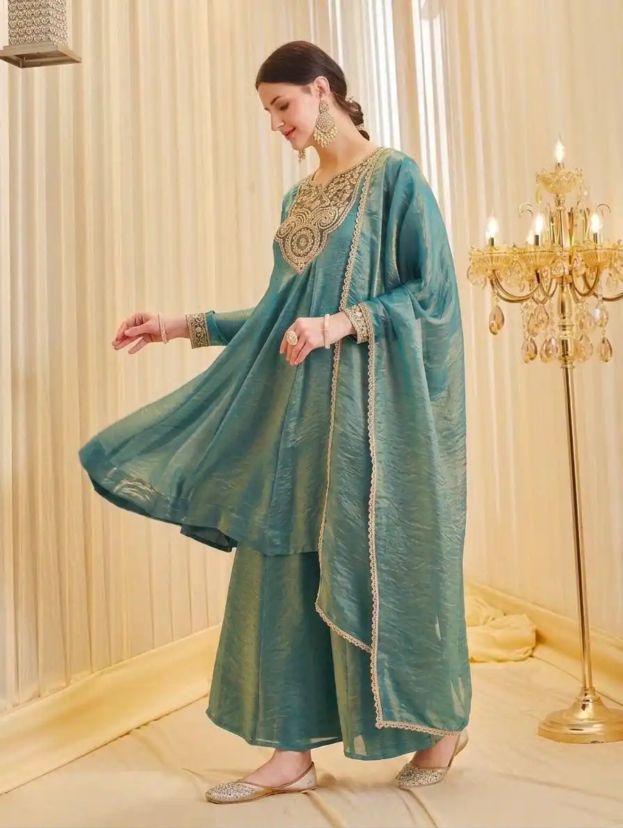 Shiny Blue Fandy Silk Embroider Sequins Work Salwar Suit - Image 2