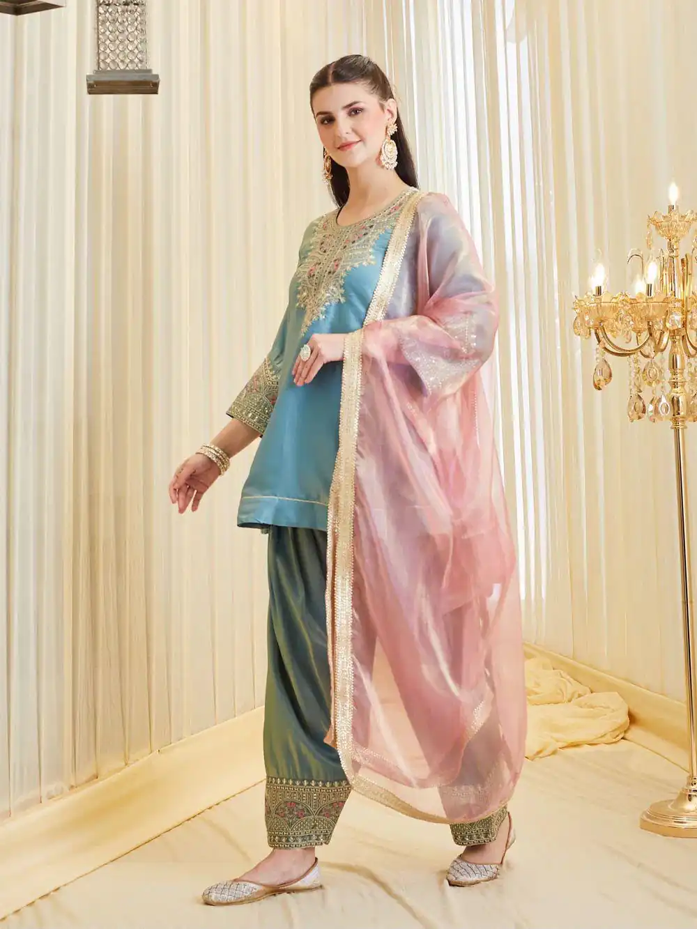 Shiny Blue Fandy Silk Sequins Work Salwar Suit