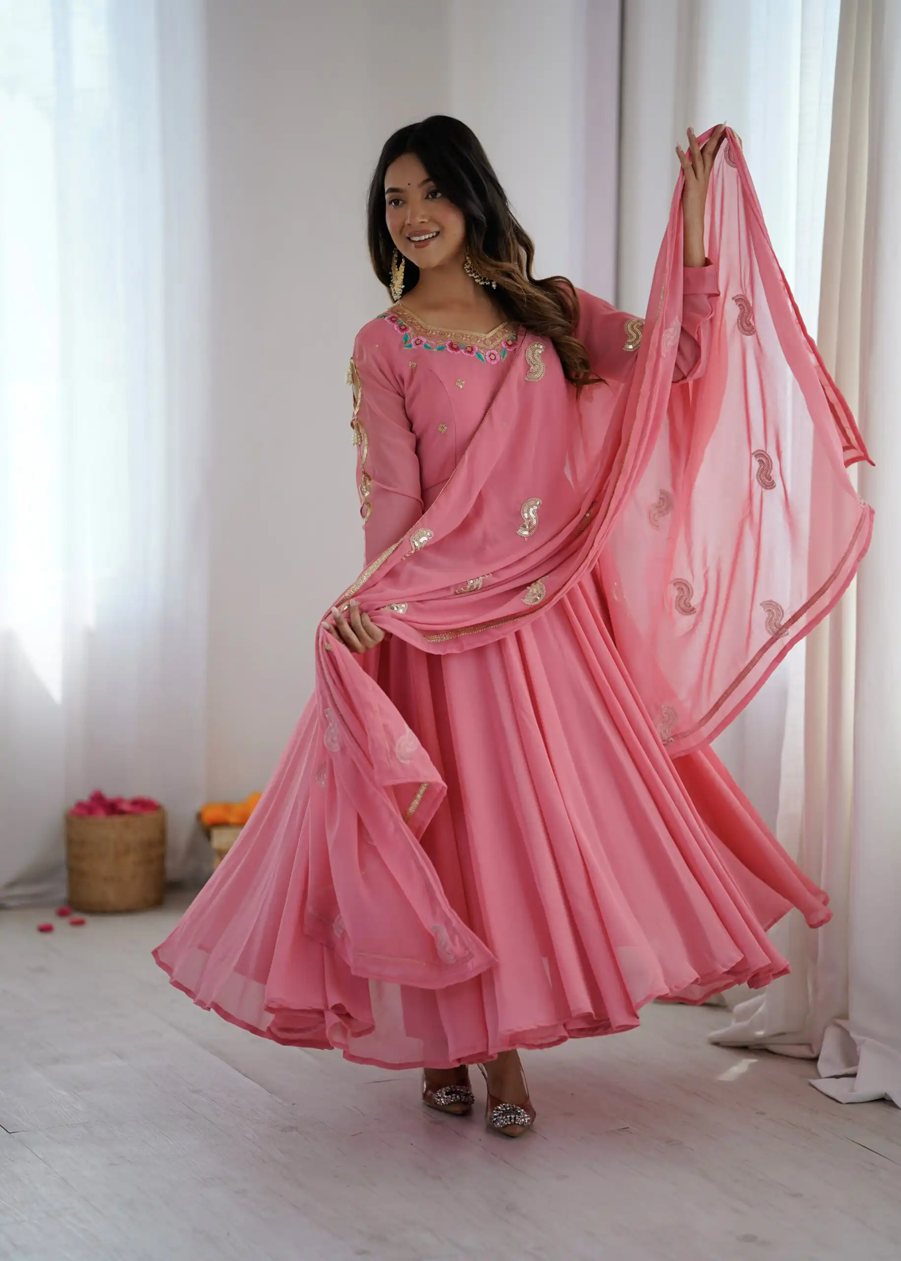 Shiny Dusty Pink Faux Georgette Sequins Work Gown - Image 4