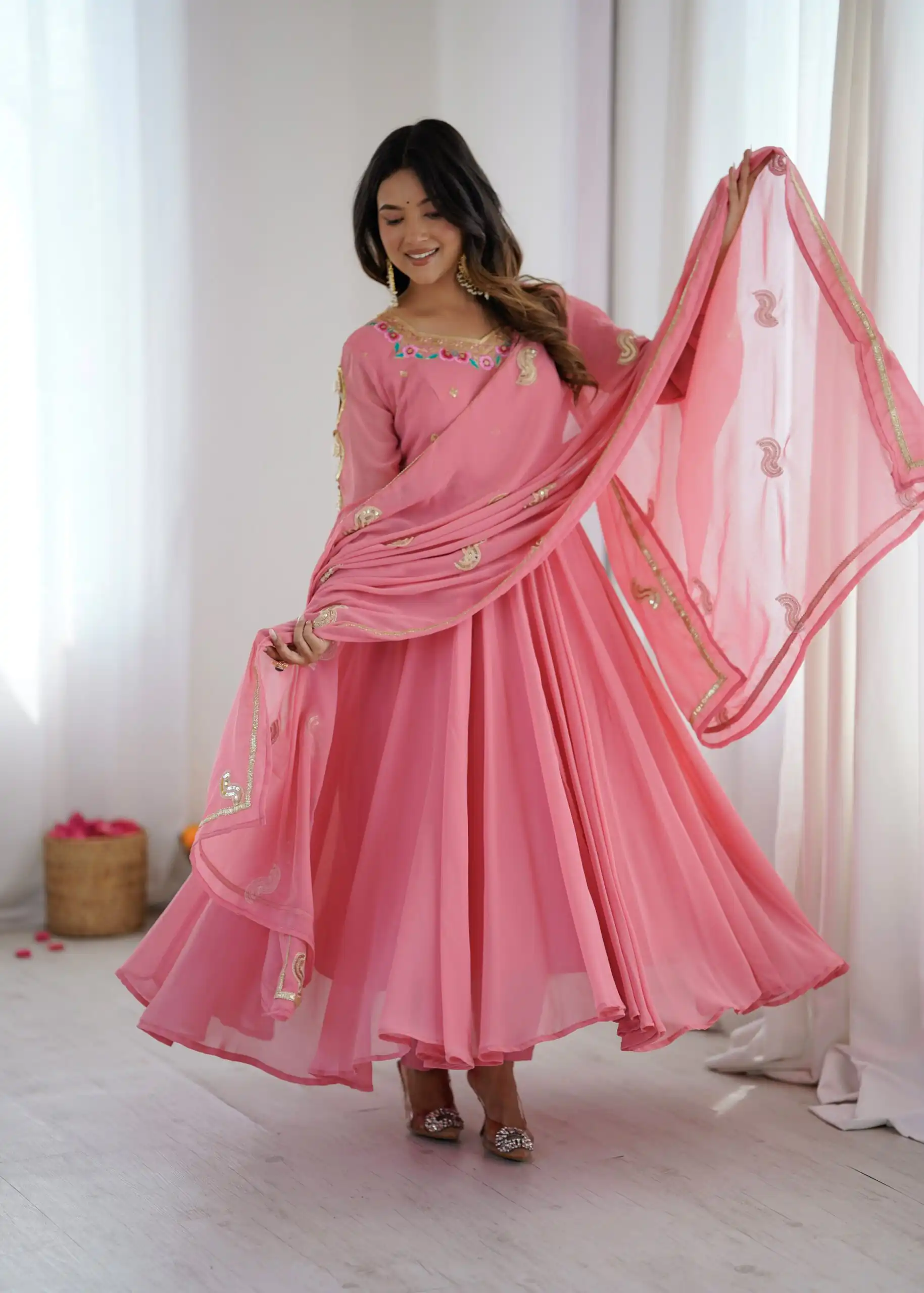 Shiny Dusty Pink Faux Georgette Sequins Work Gown