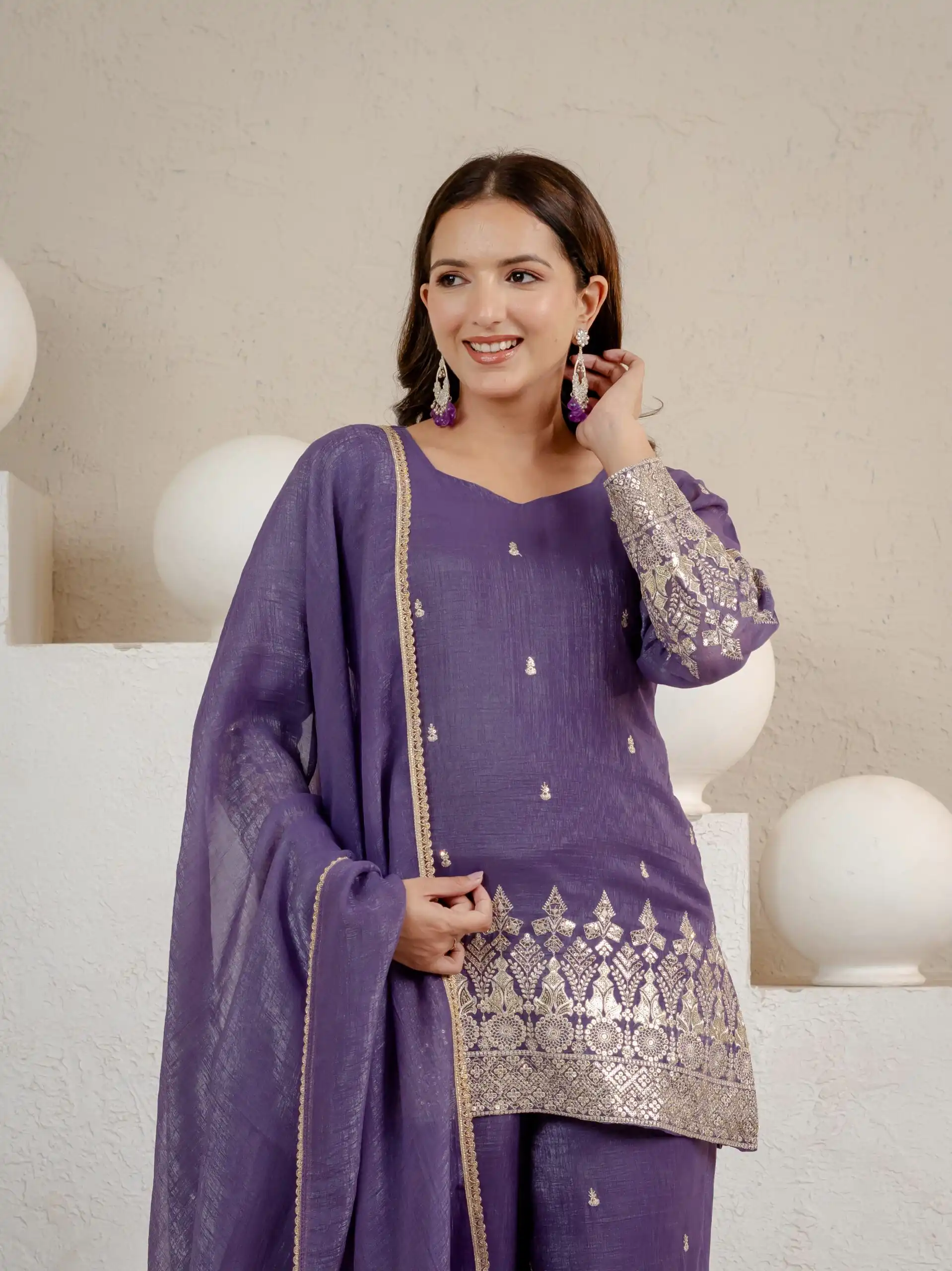 Shiny Lavender Crunchy Silk Embroider Salwar Suit - Image 10