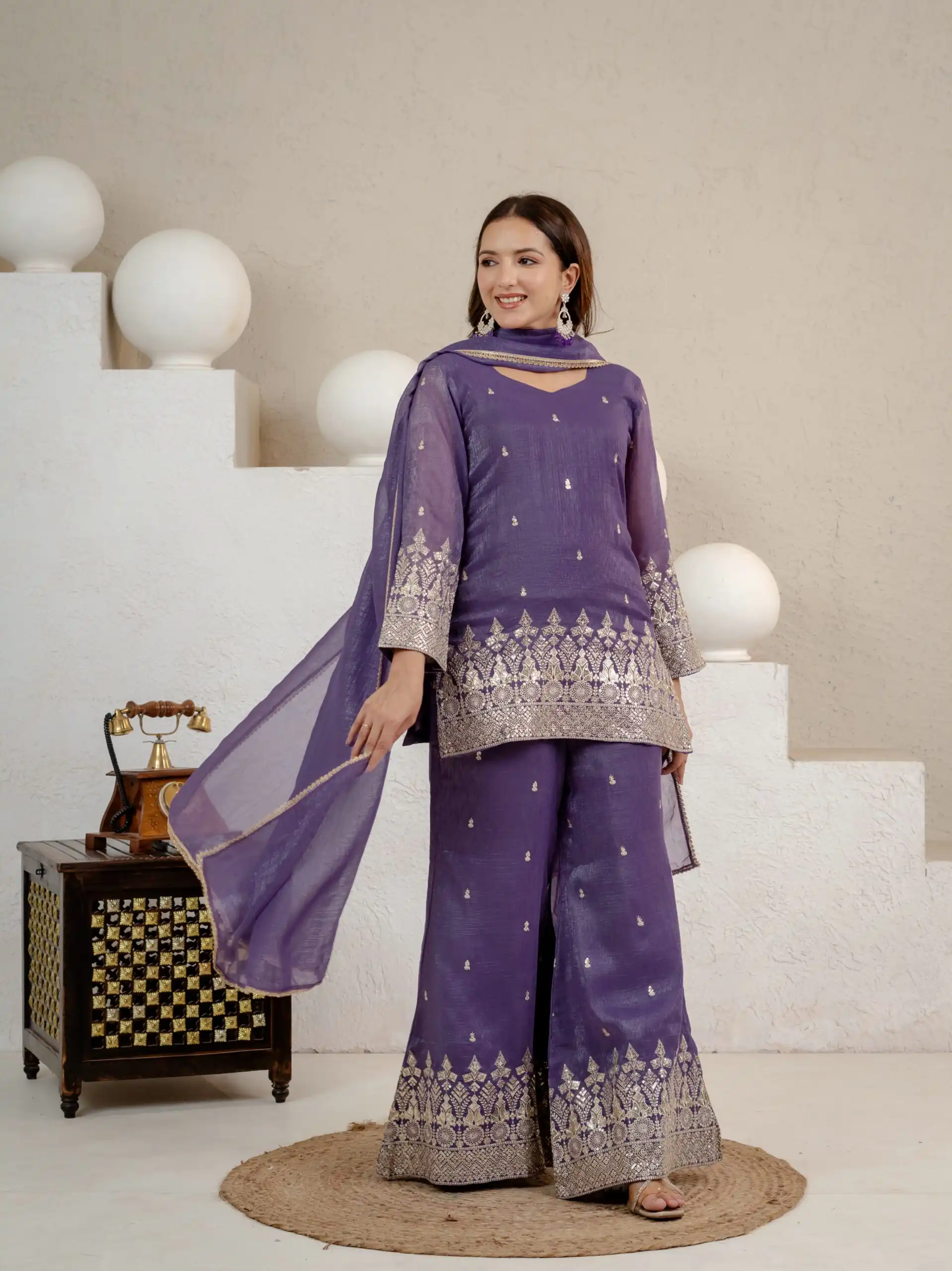 Shiny Lavender Crunchy Silk Embroider Salwar Suit - Image 5