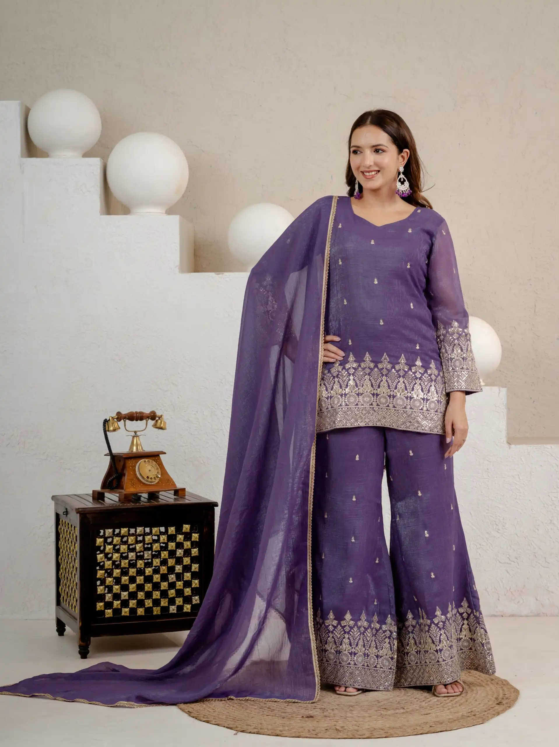 Shiny Lavender Crunchy Silk Embroider Salwar Suit - Image 4