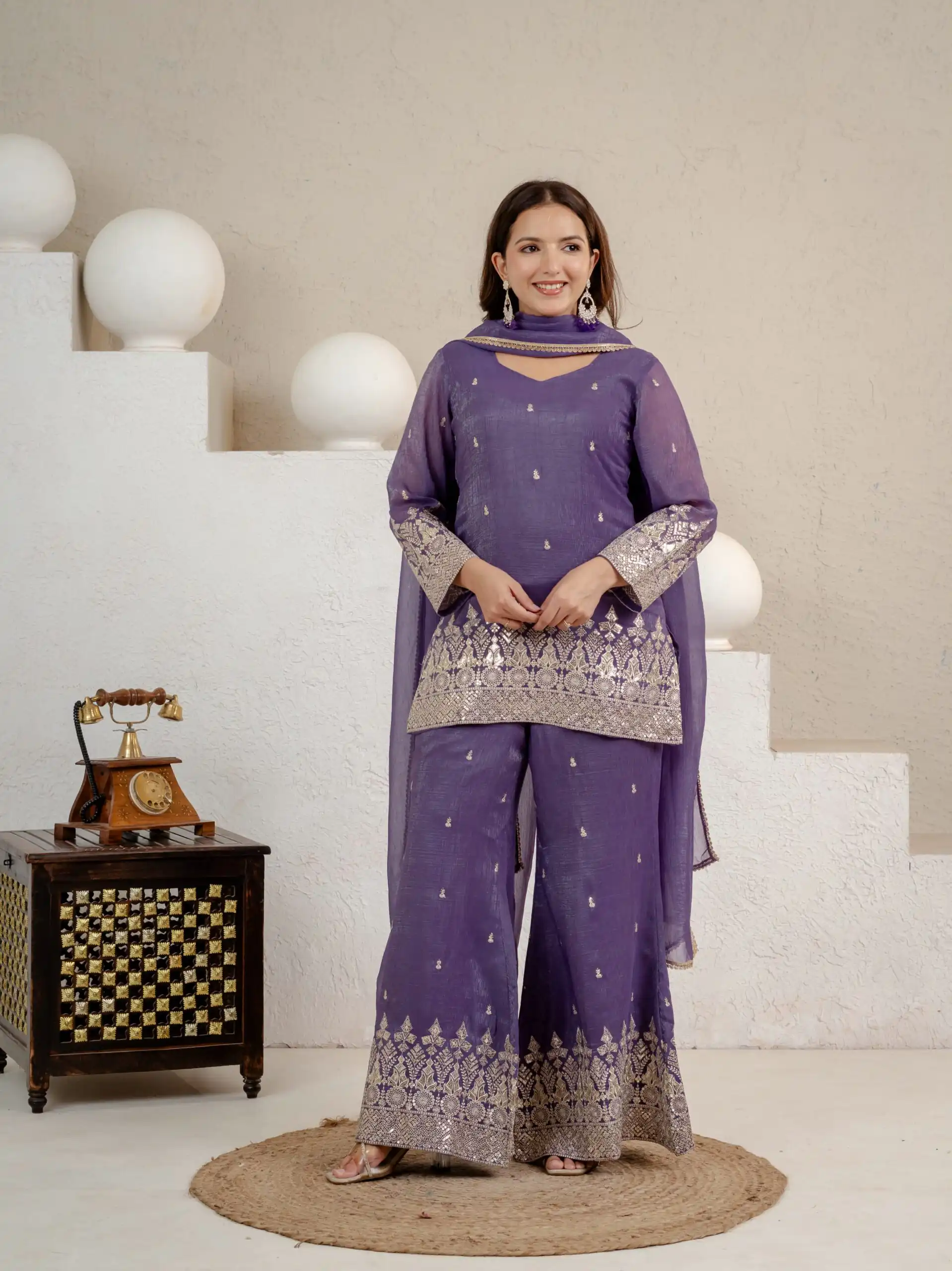 Shiny Lavender Crunchy Silk Embroider Salwar Suit