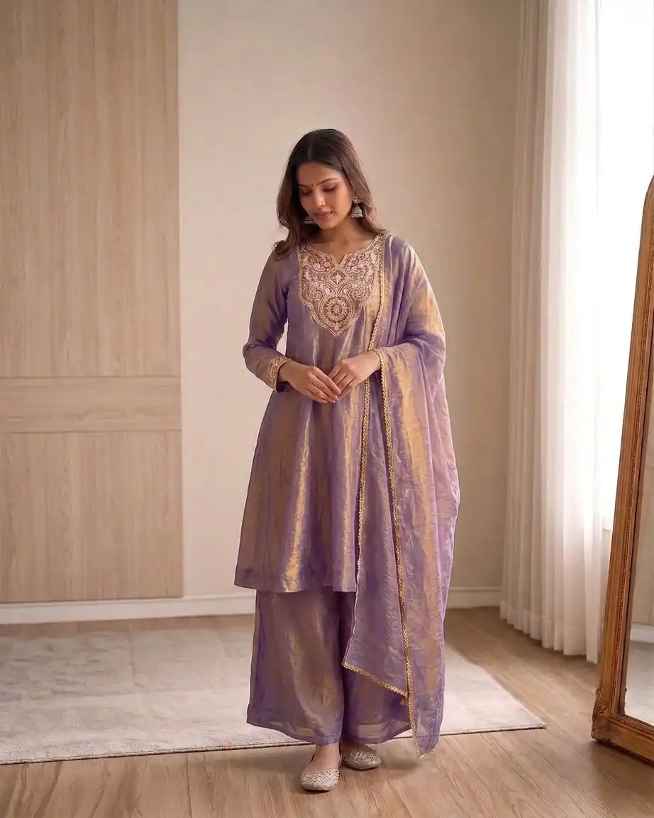 Shiny Lavender Fandy Silk Embroider Sequins Work Salwar Suit - Image 4