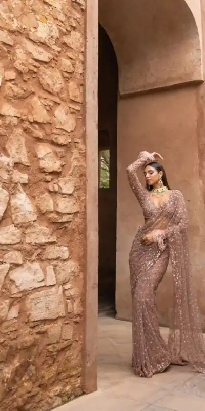 Shiny Light Lavender Soft Net Sequins Embroidery Work Saree