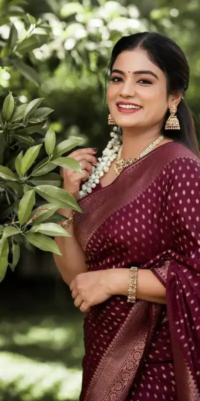 Shiny Maroon Soft Lichi Silk Lace Work Saree