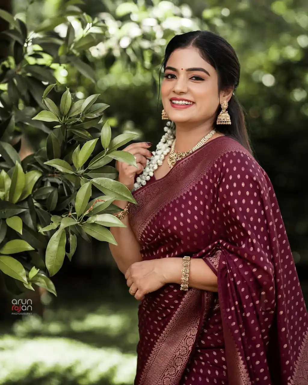 Shiny Maroon Soft Lichi Silk Lace Work Saree