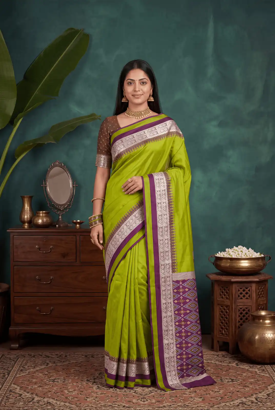 Shiny Mehandi Soft Crafted Print Moti Zari Work Saree