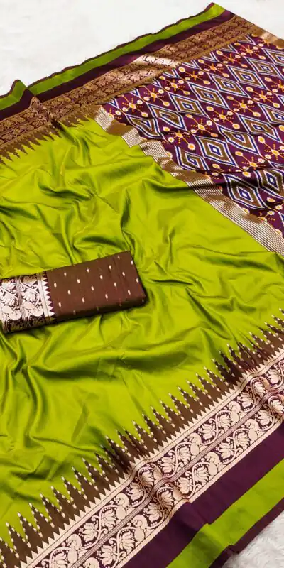 Alternative view of Shiny Mehandi Soft Crafted Print Moti Zari Work Saree