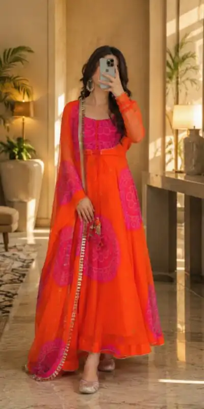 Shiny Orange Faux Georgette Digital Print Anarkali Suit