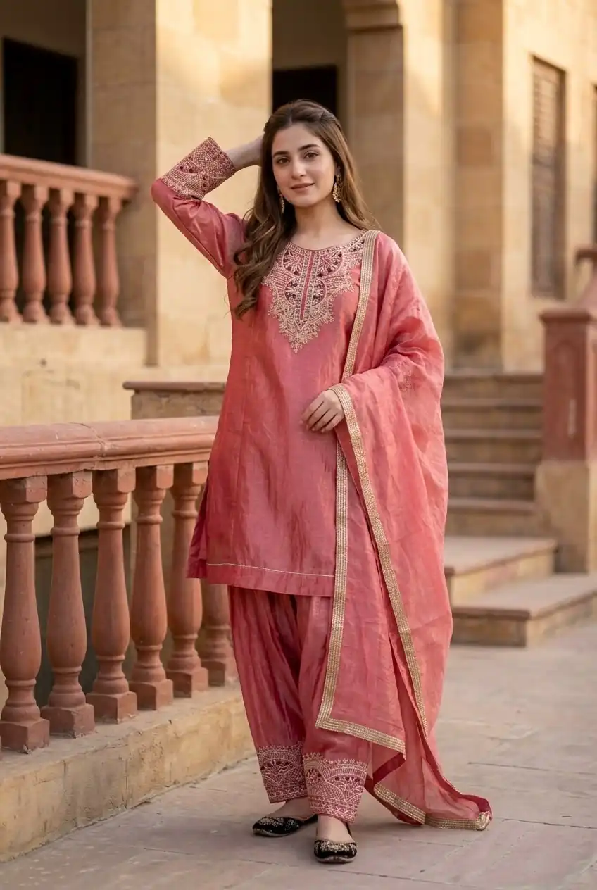 Shiny Peach Fandy Silk Sequins Work Salwar Suit - Image 3
