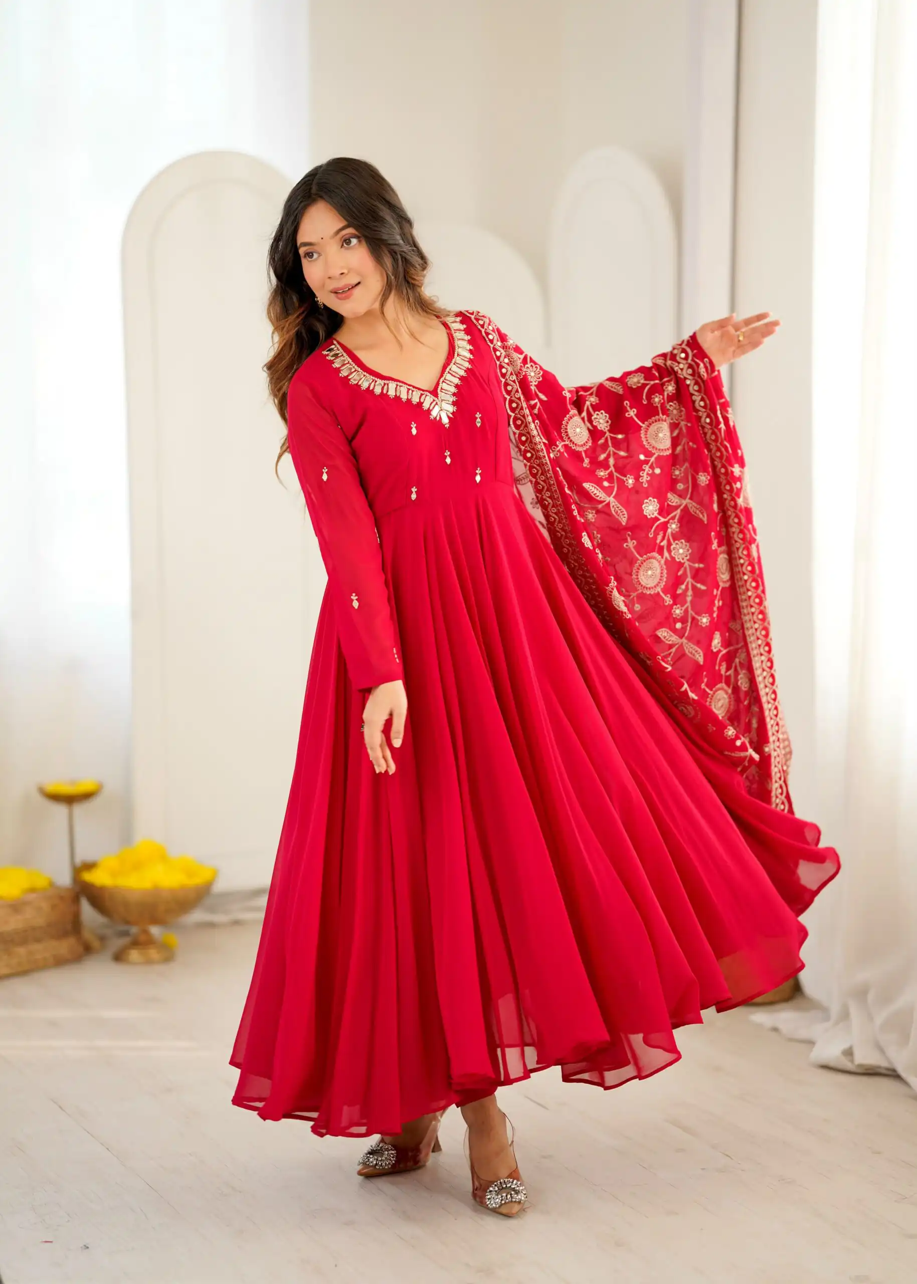 Shiny Red Faux Georgette Embroidery Mirror Work Gown - Image 9