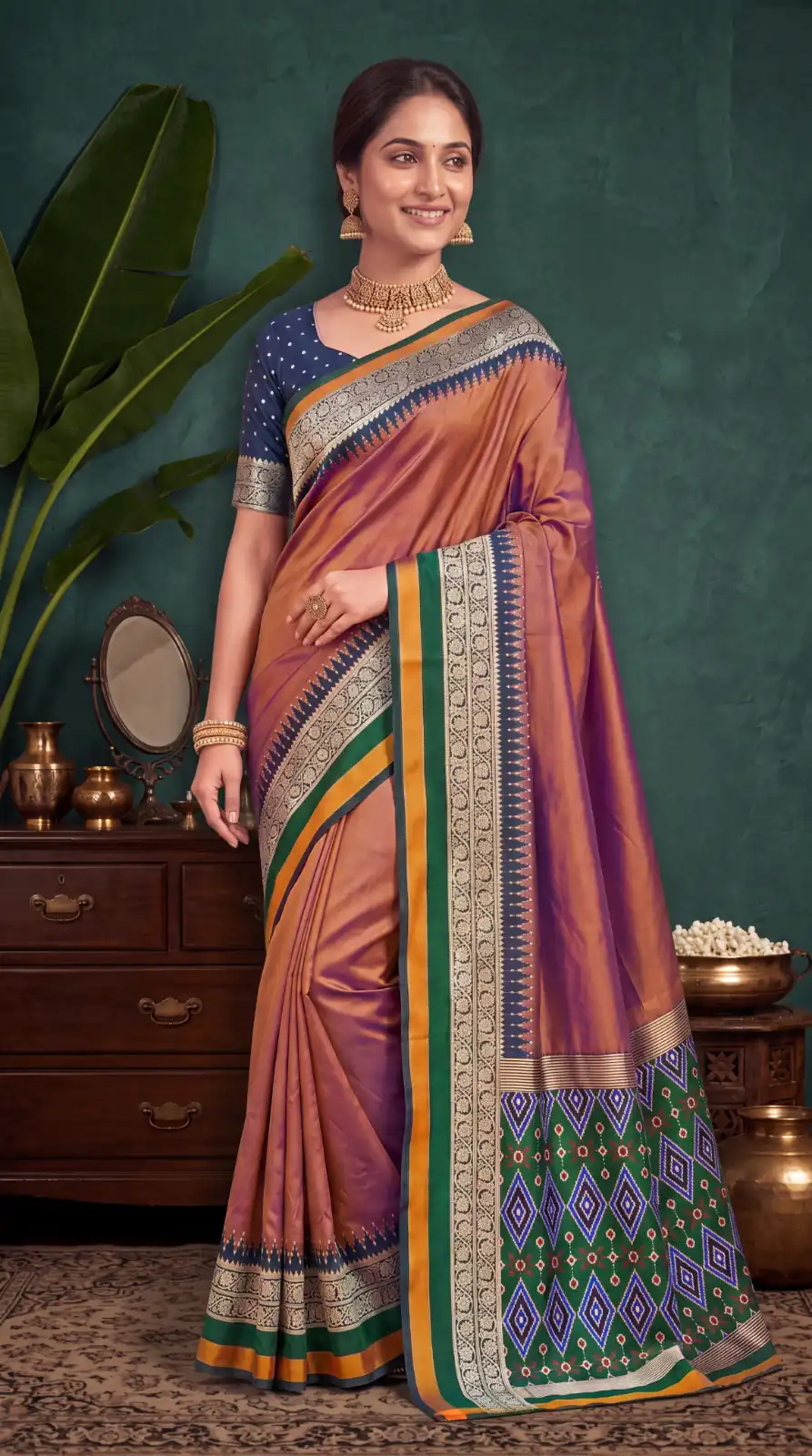 Shiny Rust Soft Crafted Print Moti Zari Work Saree