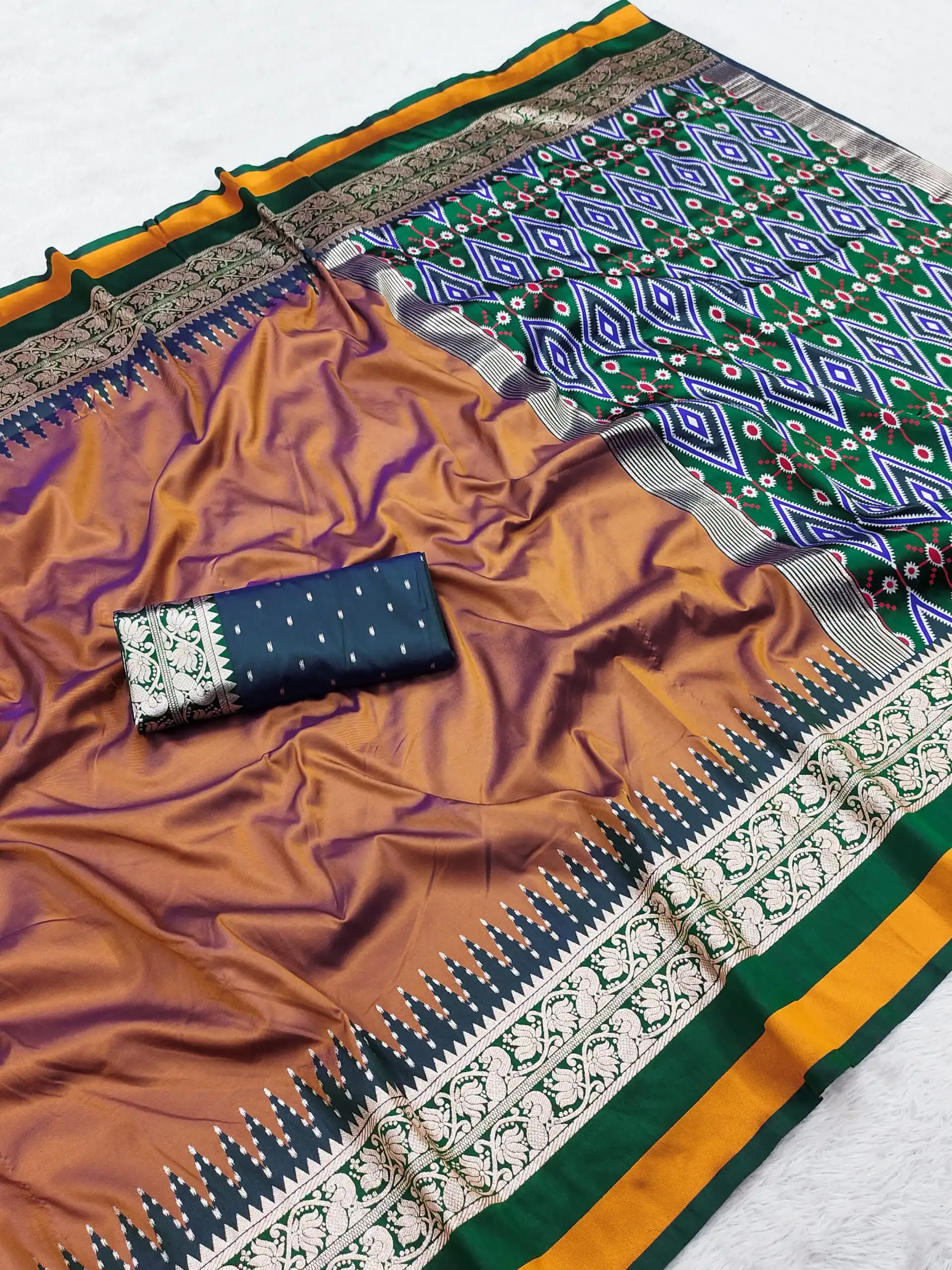 Shiny Rust Soft Crafted Print Moti Zari Work Saree - Image 2