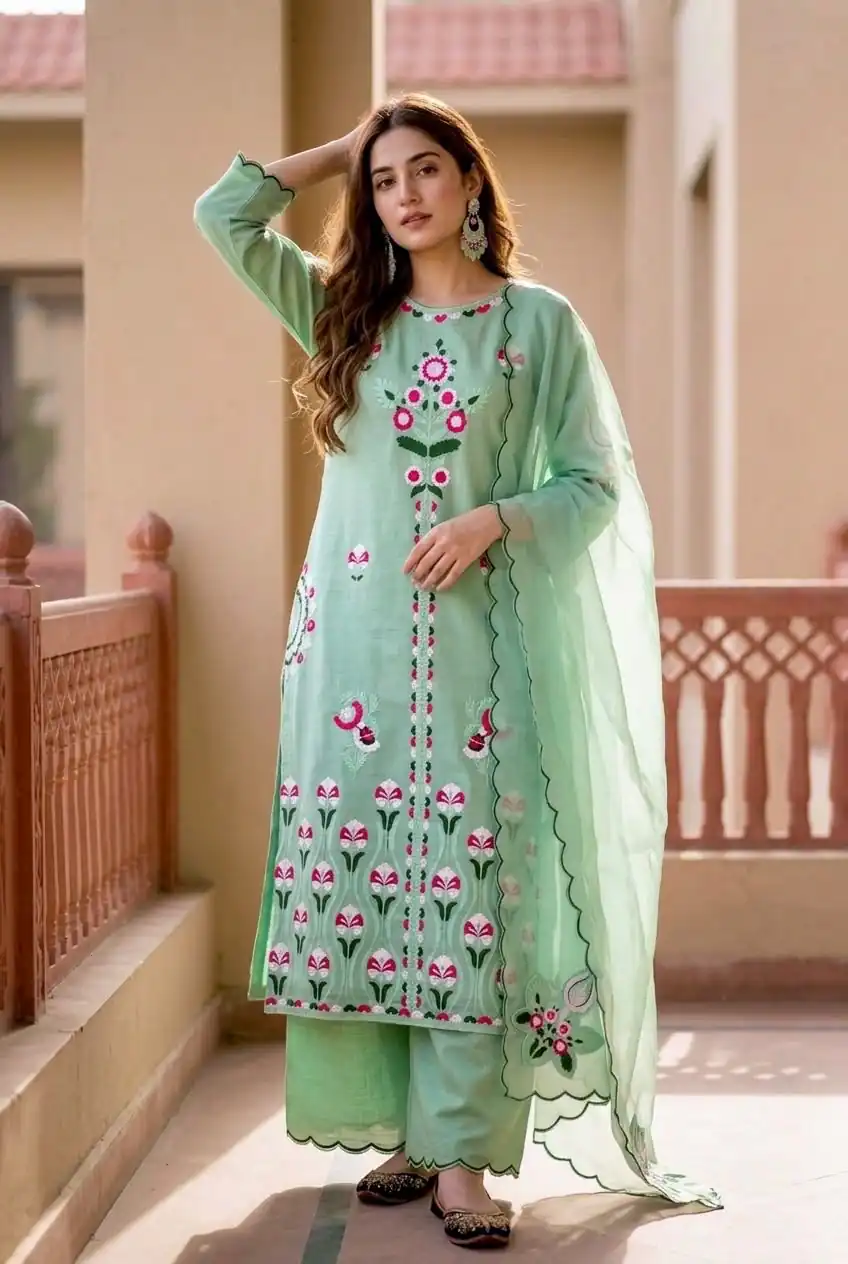Shiny Sea Green Vertical Embroidery Cut Work Salwar Suit - Image 2