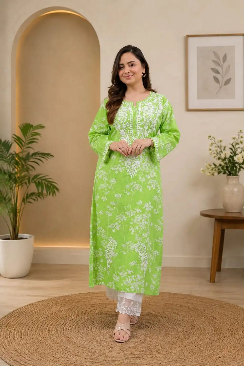 Simple Parrot Green Poly Cotton Chikenkari Work Kurti