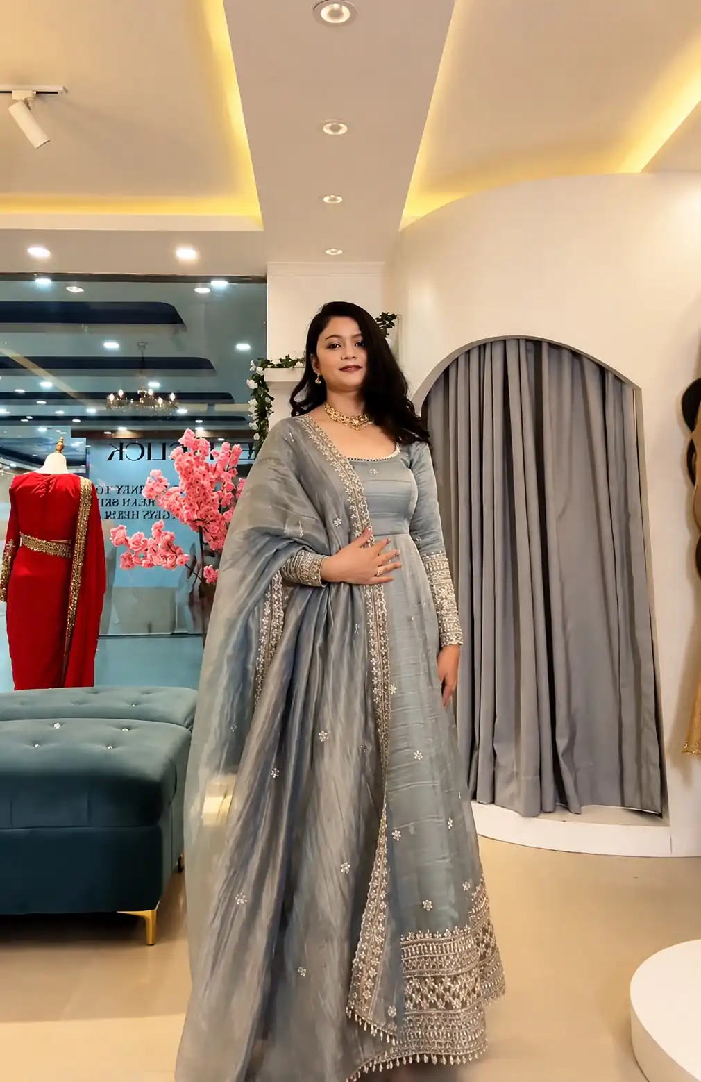 Stunning Grey Crunchy Silk Embroider Work Gown