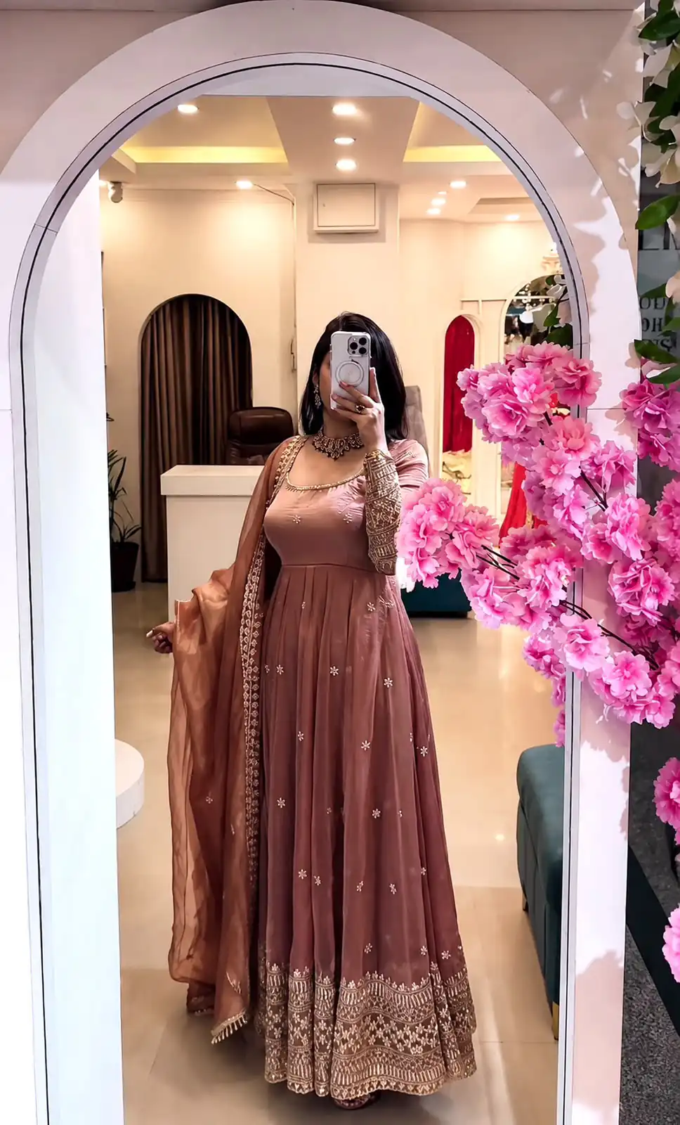 Stunning Peach Crunchy Silk Embroider Work Gown - Image 2