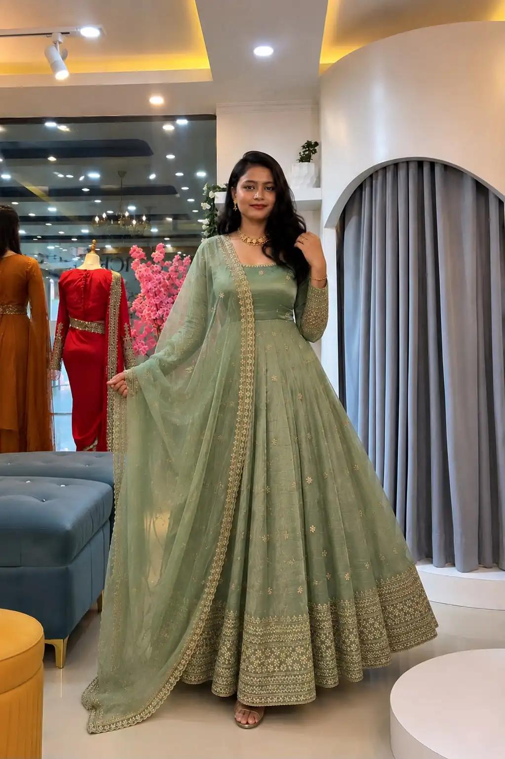 Stunning Pista Crunchy Silk Embroider Work Gown - Image 2