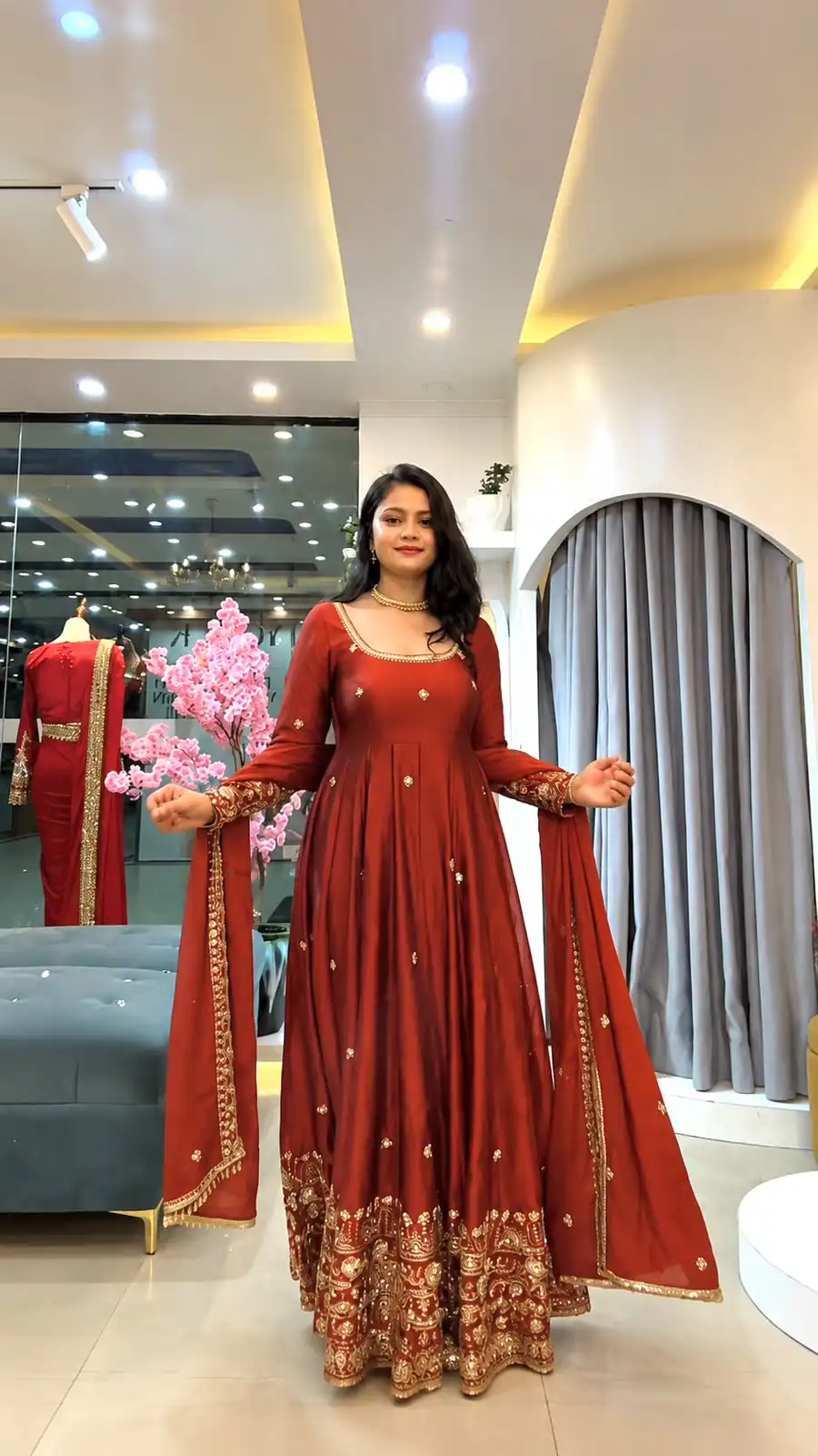 Stunning Red Crunchy Silk Embroidery Work Gown - Image 4
