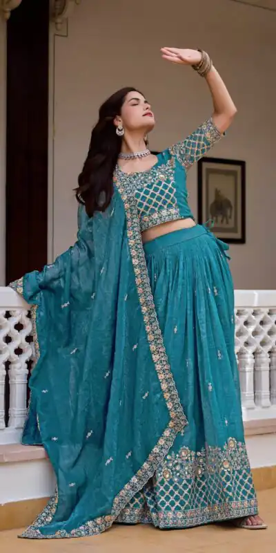 Stunning Teal Crunchy Embroidery Work Lehenga Choli