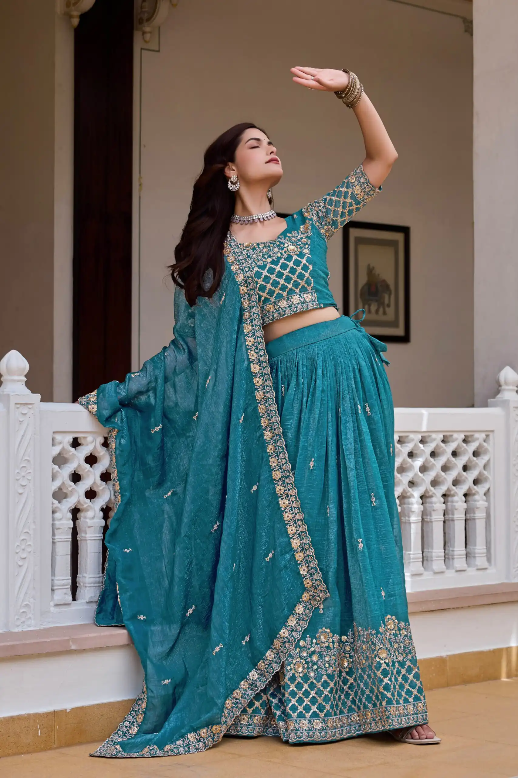 Stunning Teal Crunchy Embroidery Work Lehenga Choli