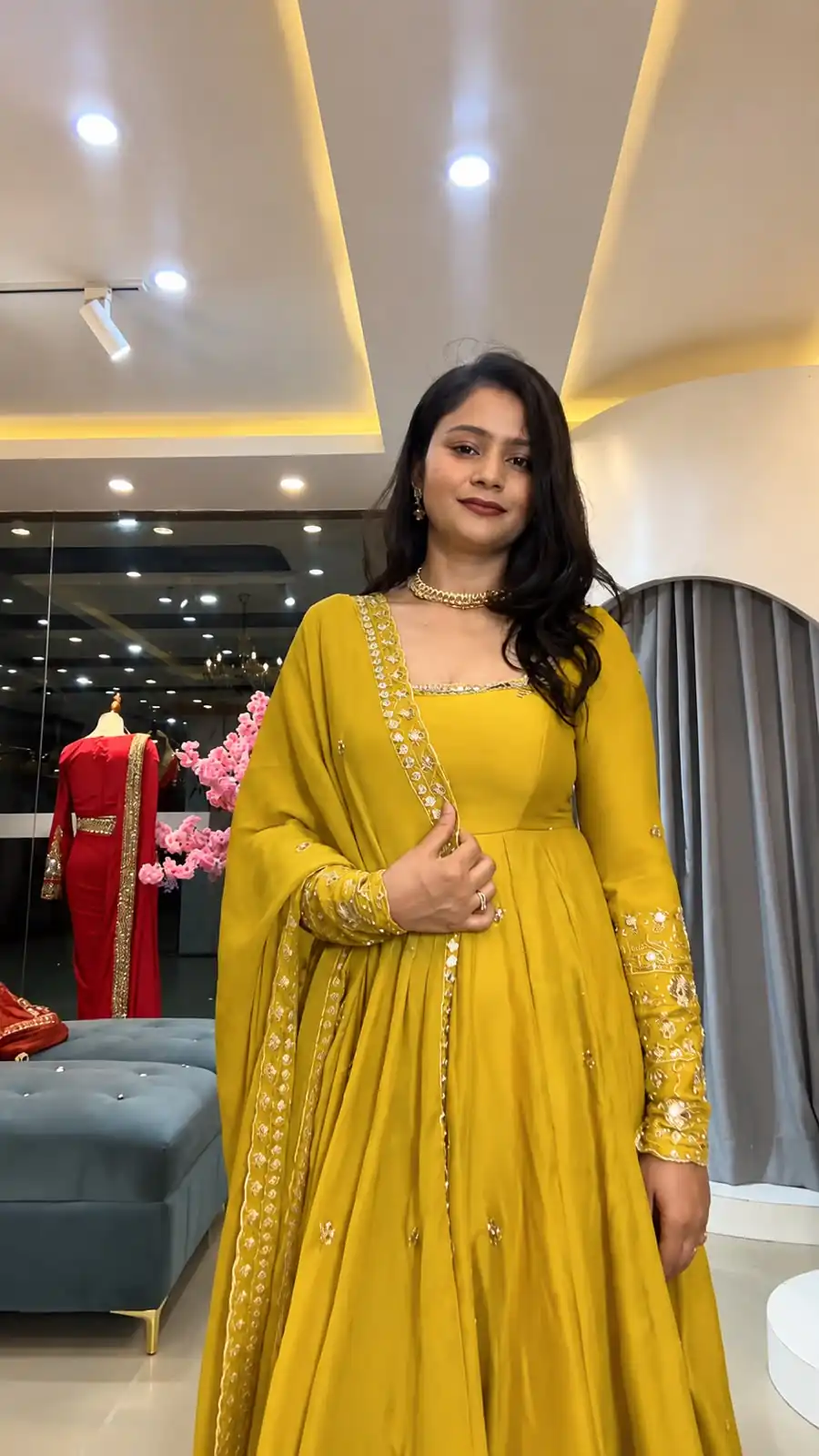 Stunning Yellow Crunchy Silk Embroidery Work Gown - Image 4