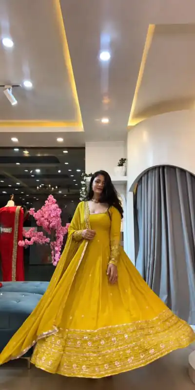 Alternative view of Stunning Yellow Crunchy Silk Embroidery Work Gown