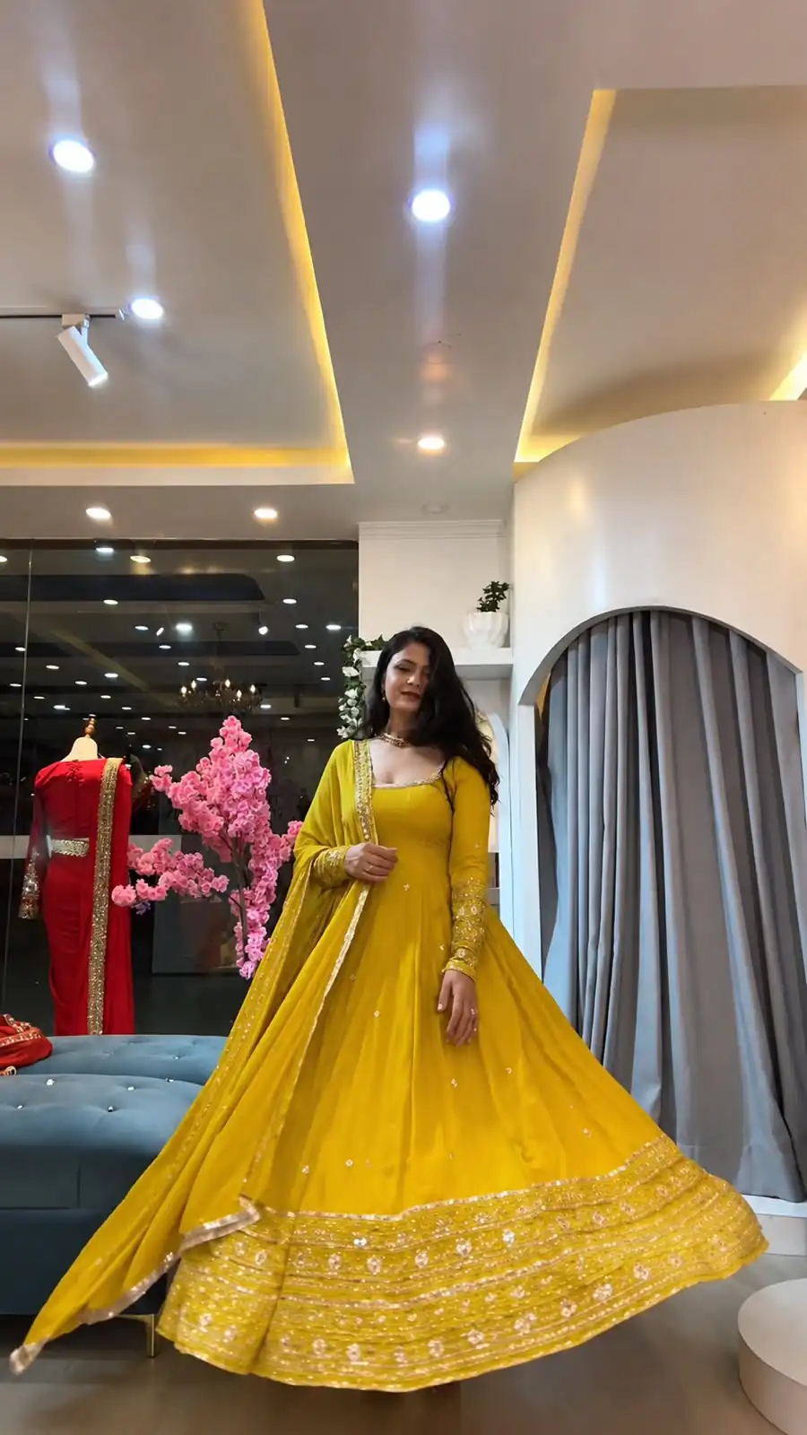 Stunning Yellow Crunchy Silk Embroidery Work Gown - Image 2