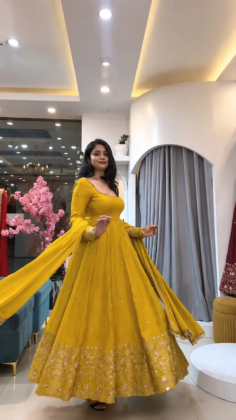 Stunning Yellow Crunchy Silk Embroidery Work Gown